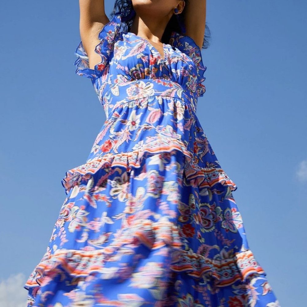 Boho Womens Floral Print Plunging Neck Ruffle Trim Dress - Picture 3 of 5